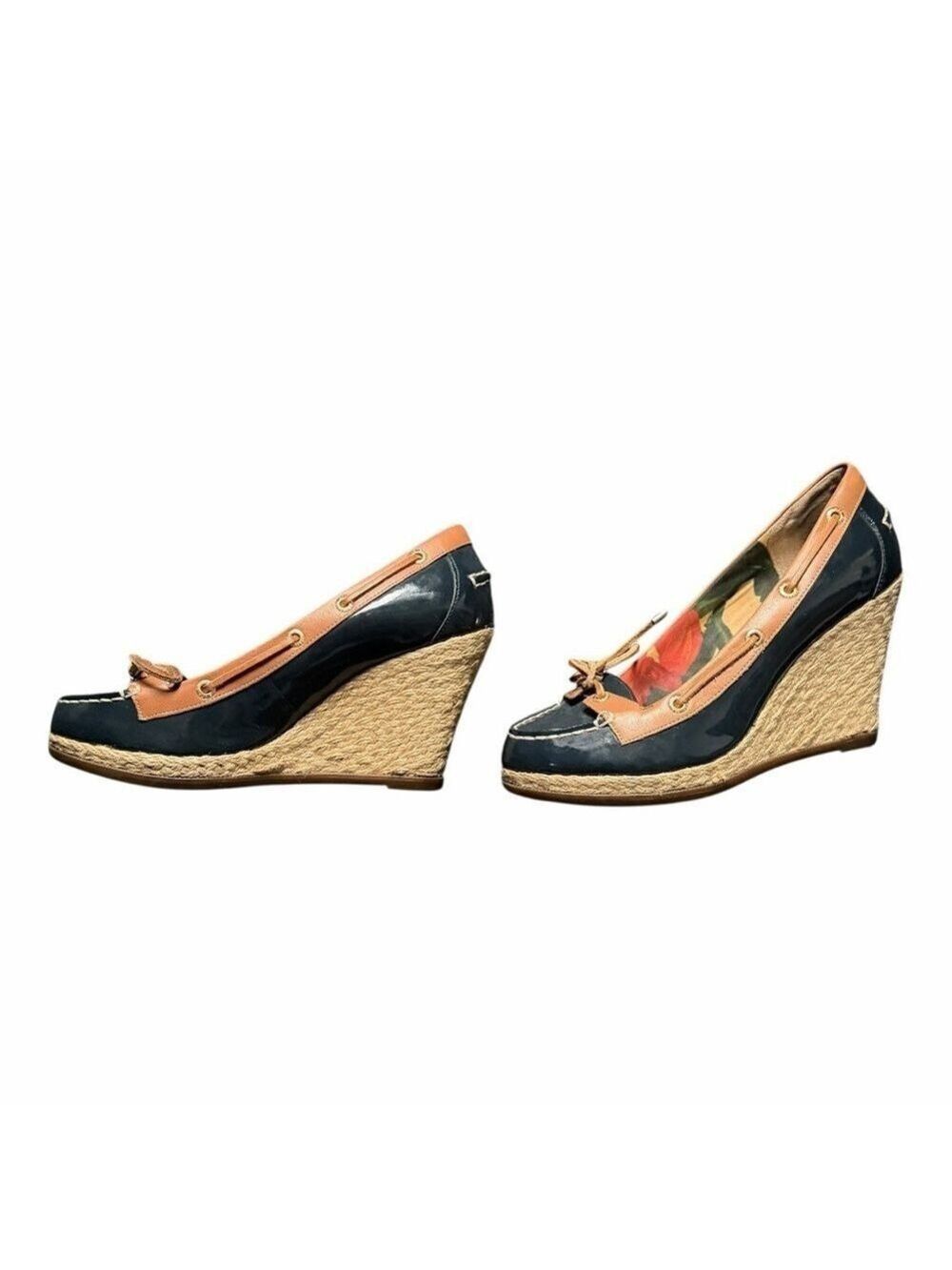 Milly for Sperry Top Sider Navy and Tan Wedge Espadrilles Spring Platform Sz 6.5